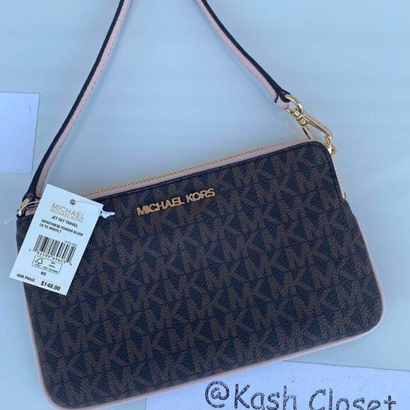 Michael Kors wristlet JST large MK Signature top zip bag Brown Powder Blush - Picture 3 of 4